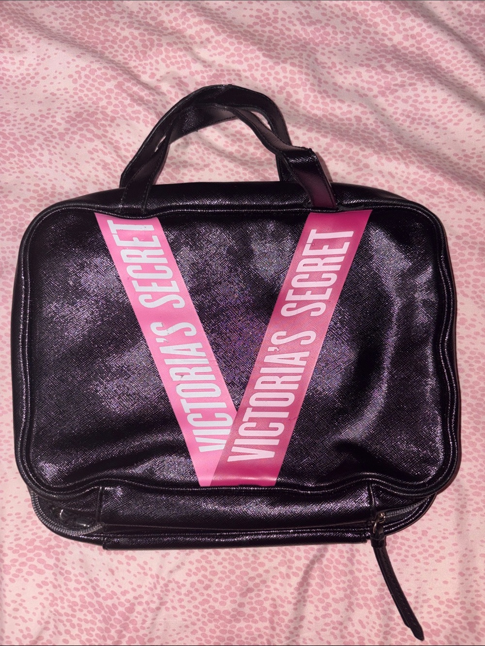 Victoria's Secret Black Cosmetic Tote with Pink Logo Straps